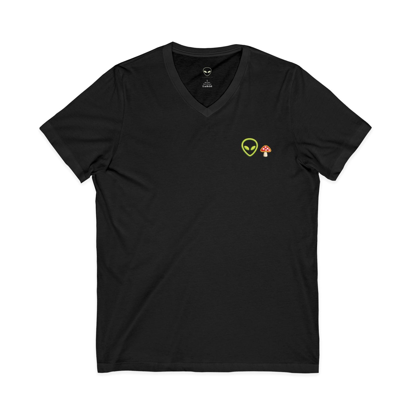 Alien Mushroom V-Neck Tee — Minimal UFO & Mushroom Graphic, Soft Unisex Fit