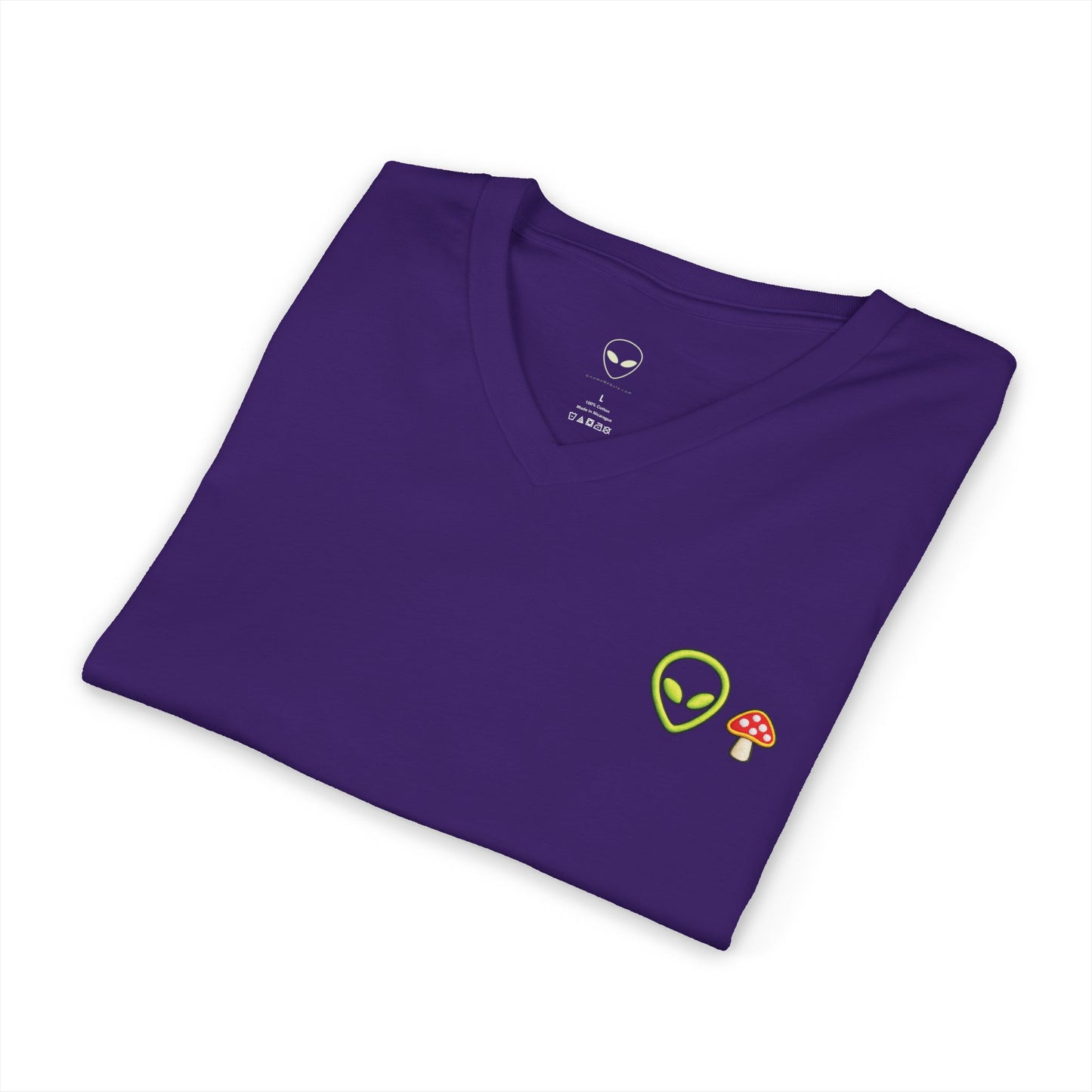Alien Mushroom V-Neck Tee — Minimal UFO & Mushroom Graphic, Soft Unisex Fit