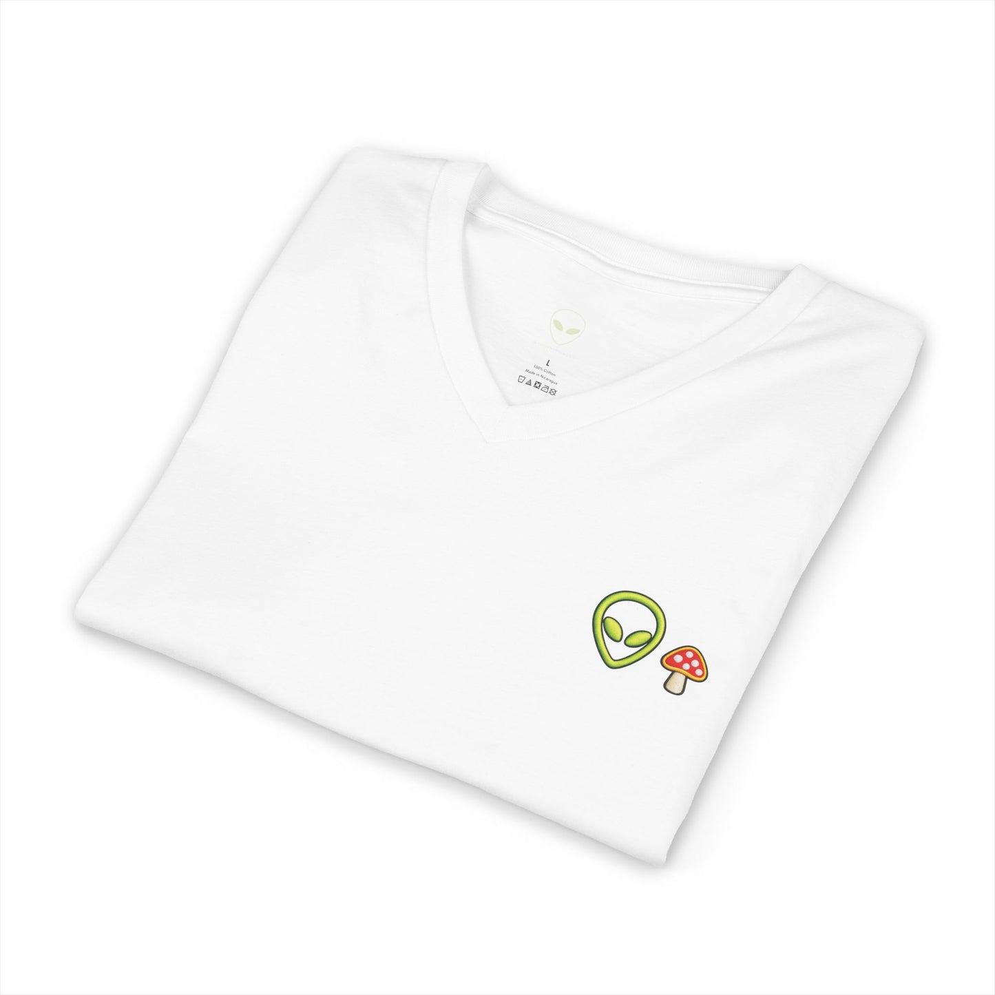 Alien Mushroom V-Neck Tee — Minimal UFO & Mushroom Graphic, Soft Unisex Fit