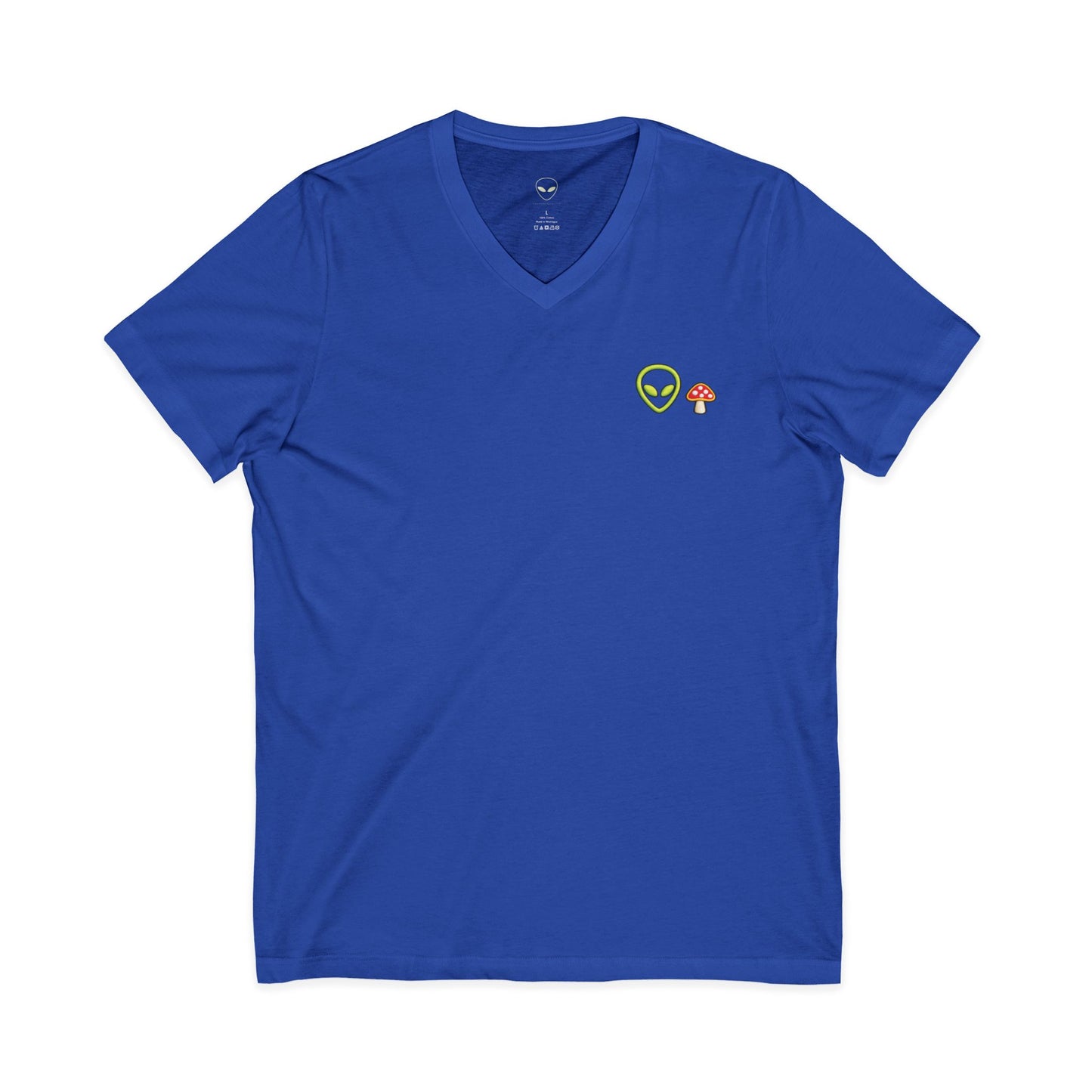 Alien Mushroom V-Neck Tee — Minimal UFO & Mushroom Graphic, Soft Unisex Fit
