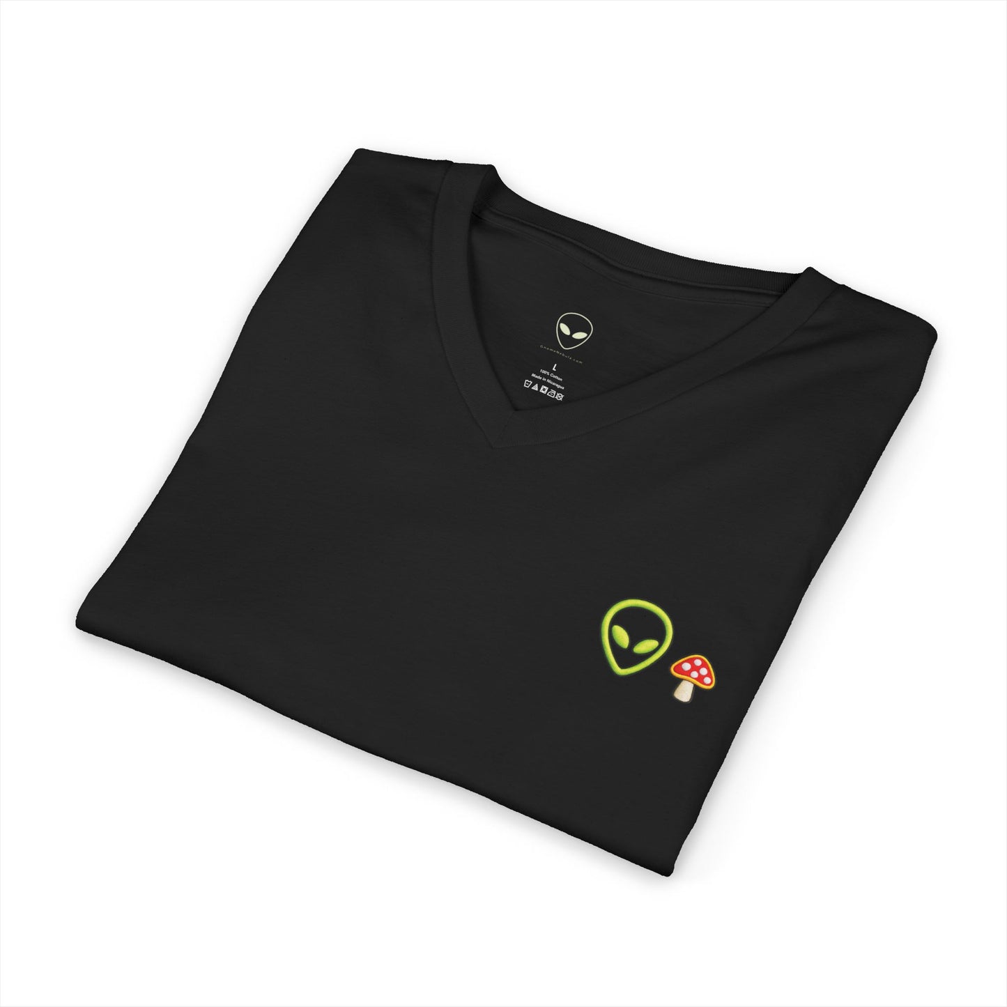 Alien Mushroom V-Neck Tee — Minimal UFO & Mushroom Graphic, Soft Unisex Fit