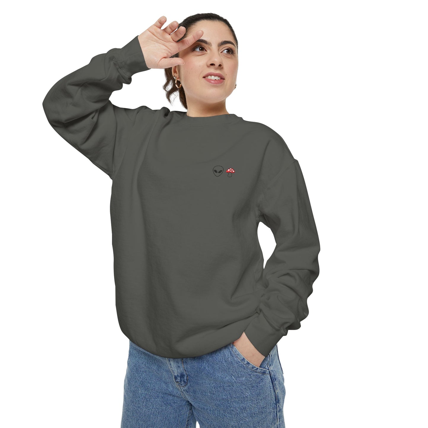 GnomeNebula™ Embroidered Alien & Mushroom Sweatshirt — Premium Minimal Streetwear