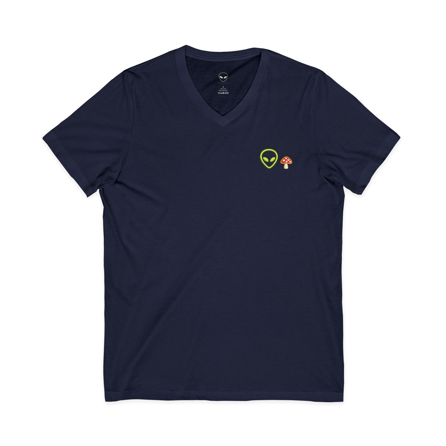 Alien Mushroom V-Neck Tee — Minimal UFO & Mushroom Graphic, Soft Unisex Fit