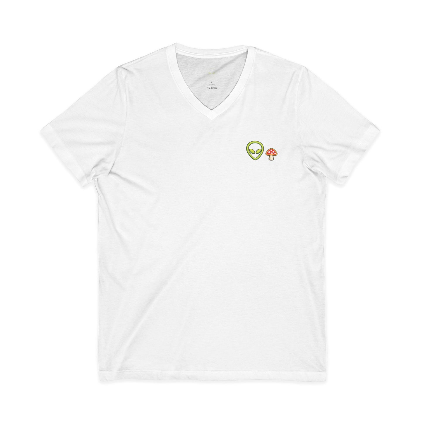 Alien Mushroom V-Neck Tee — Minimal UFO & Mushroom Graphic, Soft Unisex Fit