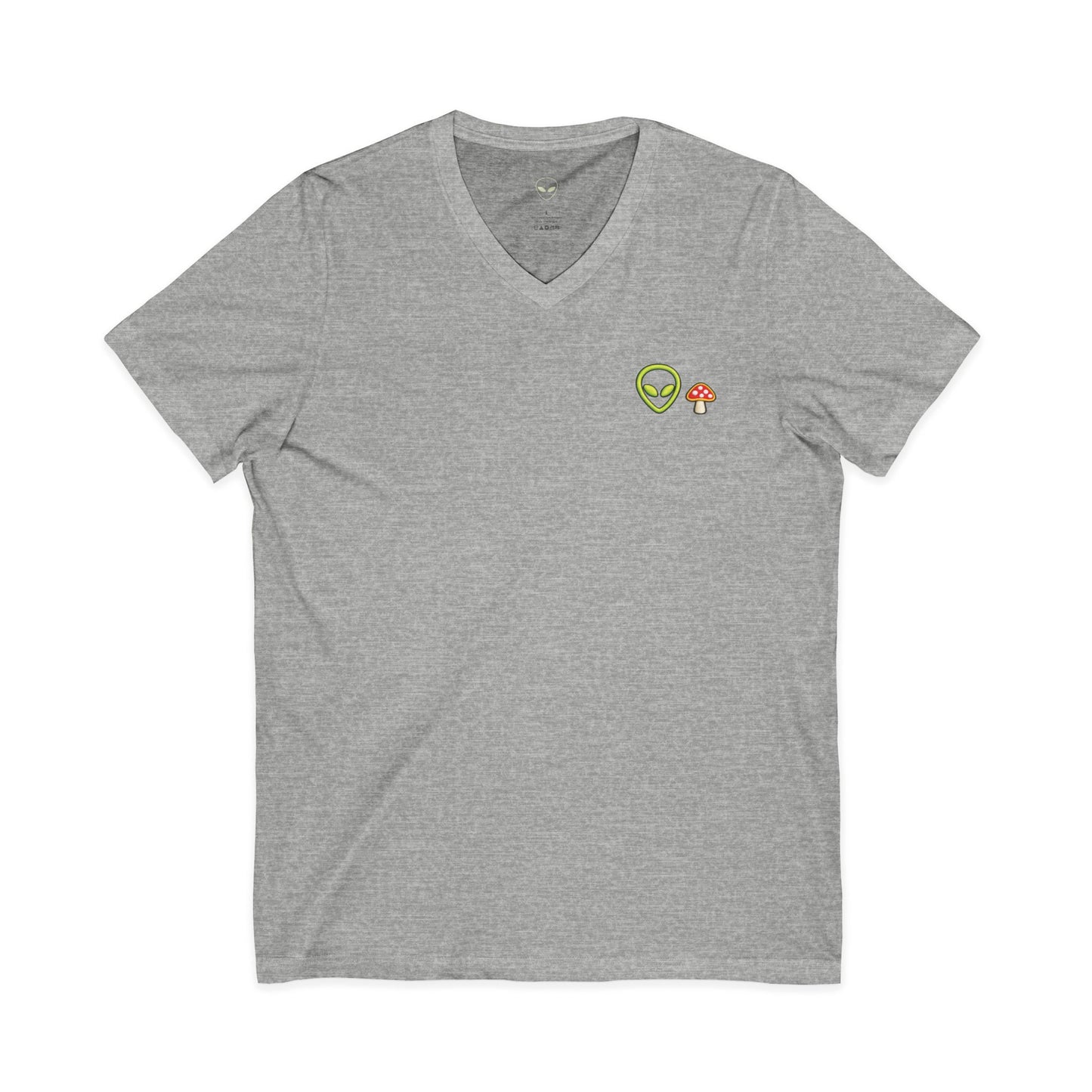 Alien Mushroom V-Neck Tee — Minimal UFO & Mushroom Graphic, Soft Unisex Fit