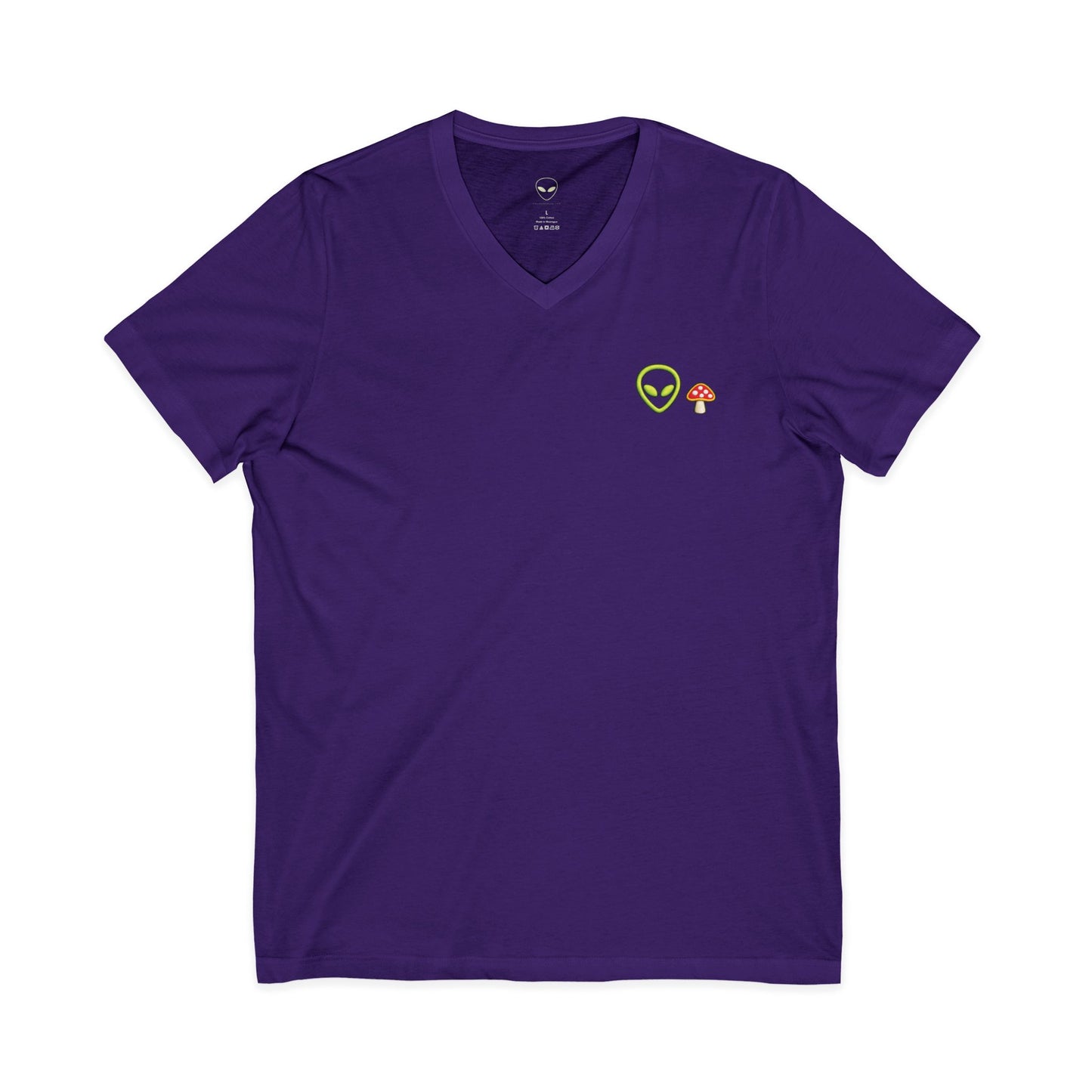Alien Mushroom V-Neck Tee — Minimal UFO & Mushroom Graphic, Soft Unisex Fit