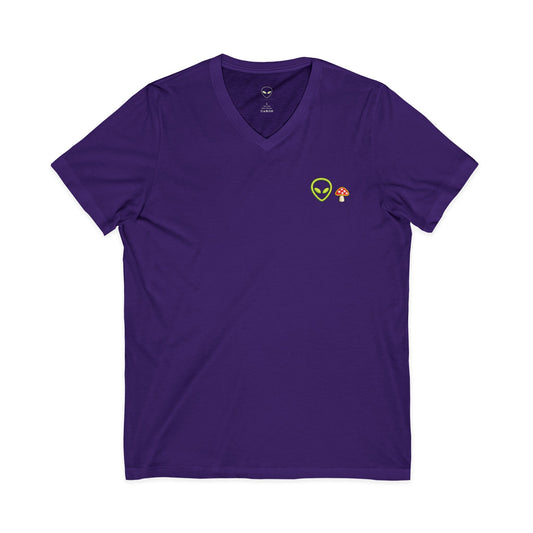 Alien Mushroom V-Neck Tee — Minimal UFO & Mushroom Graphic, Soft Unisex Fit