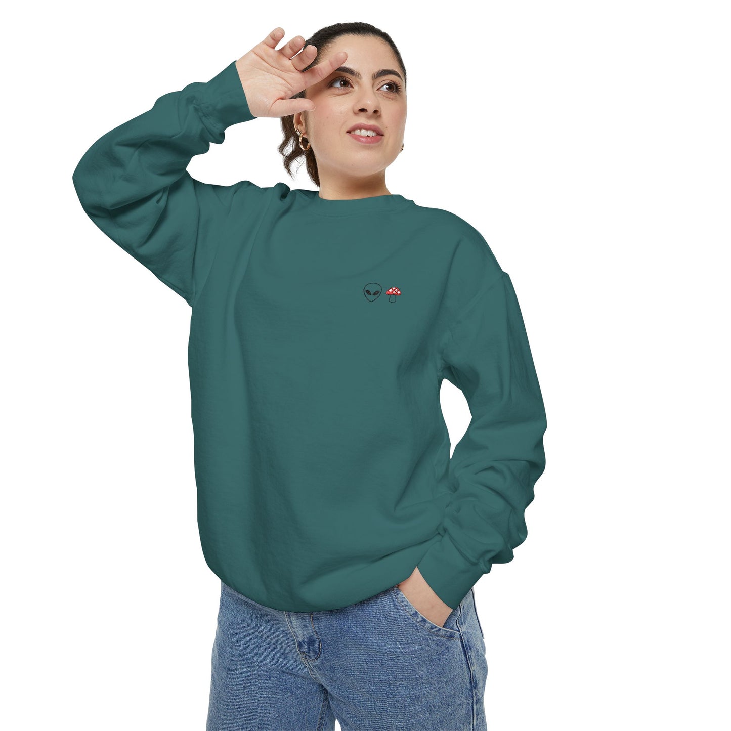 GnomeNebula™ Embroidered Alien & Mushroom Sweatshirt — Premium Minimal Streetwear