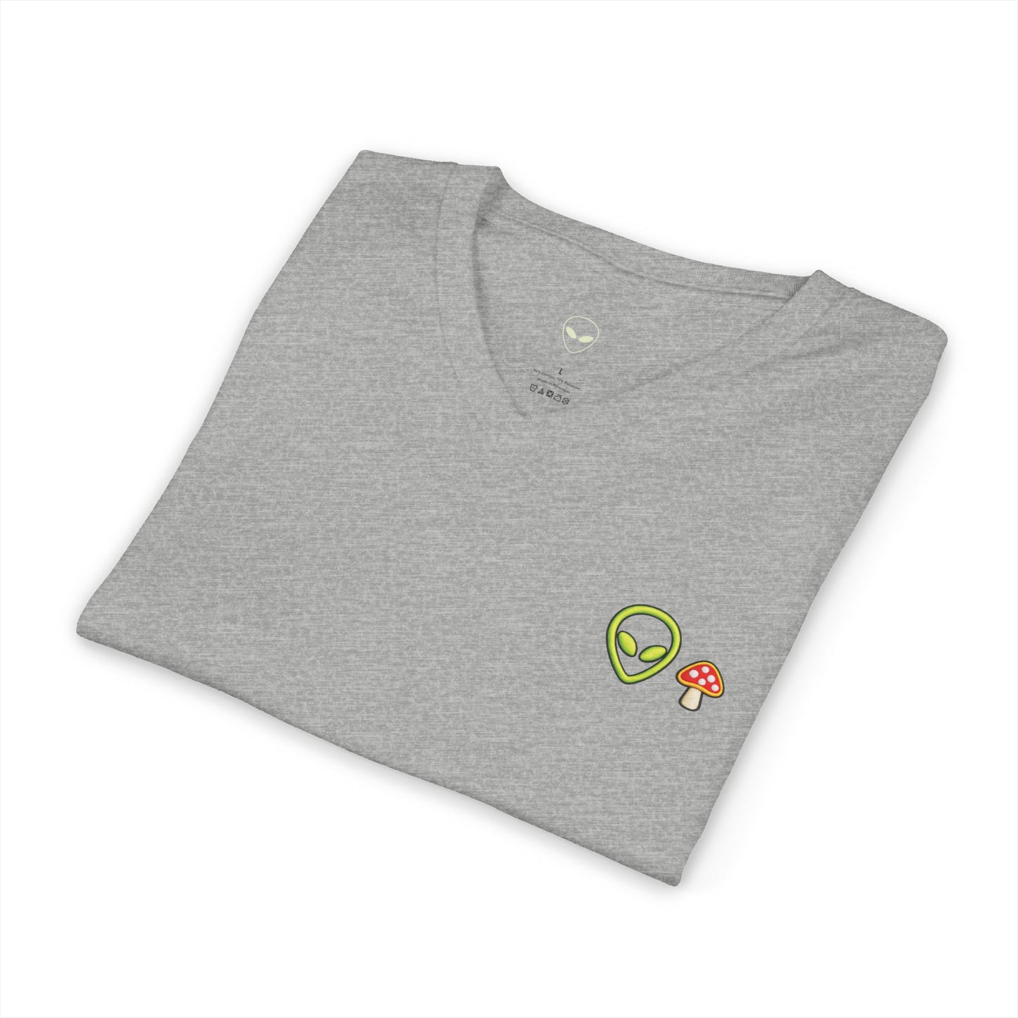 Alien Mushroom V-Neck Tee — Minimal UFO & Mushroom Graphic, Soft Unisex Fit