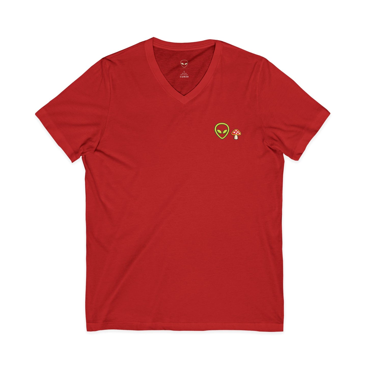 Alien Mushroom V-Neck Tee — Minimal UFO & Mushroom Graphic, Soft Unisex Fit
