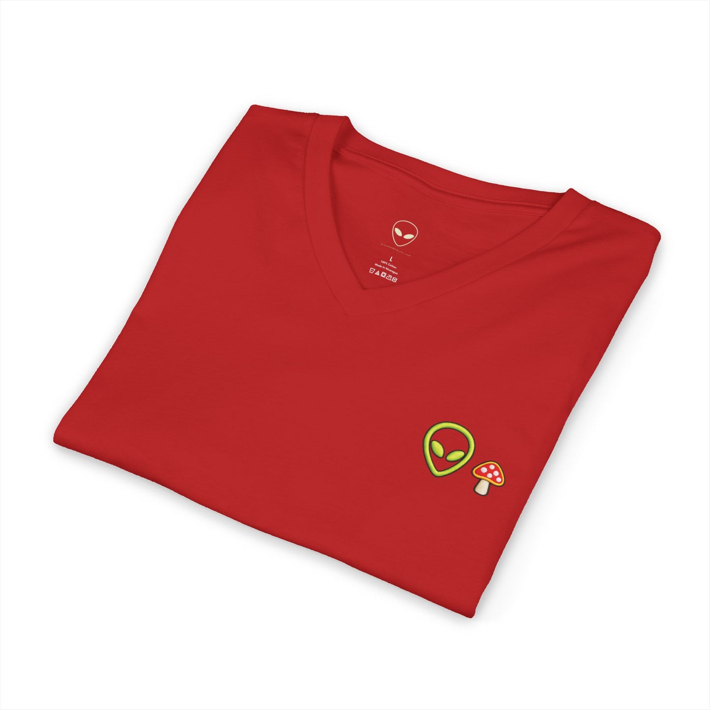 Alien Mushroom V-Neck Tee — Minimal UFO & Mushroom Graphic, Soft Unisex Fit