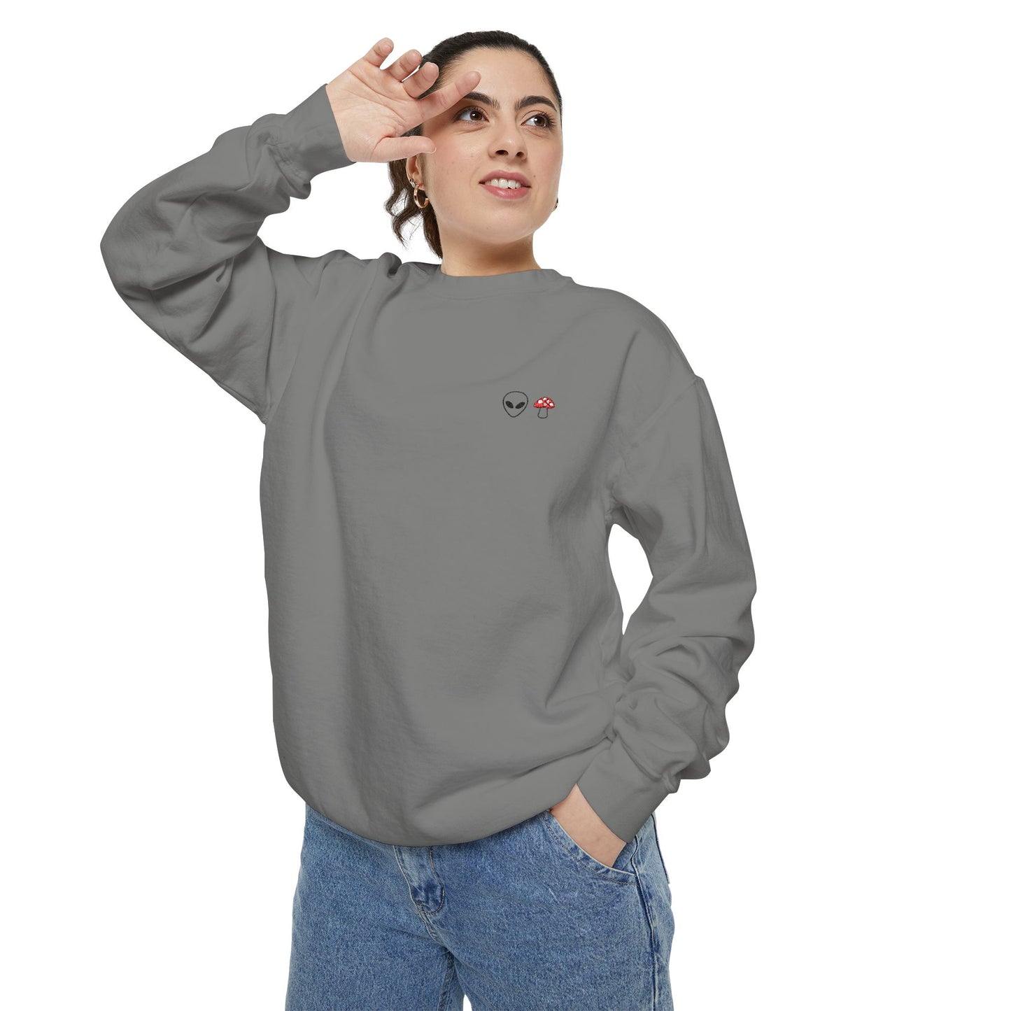 GnomeNebula™ Embroidered Alien & Mushroom Sweatshirt — Premium Minimal Streetwear