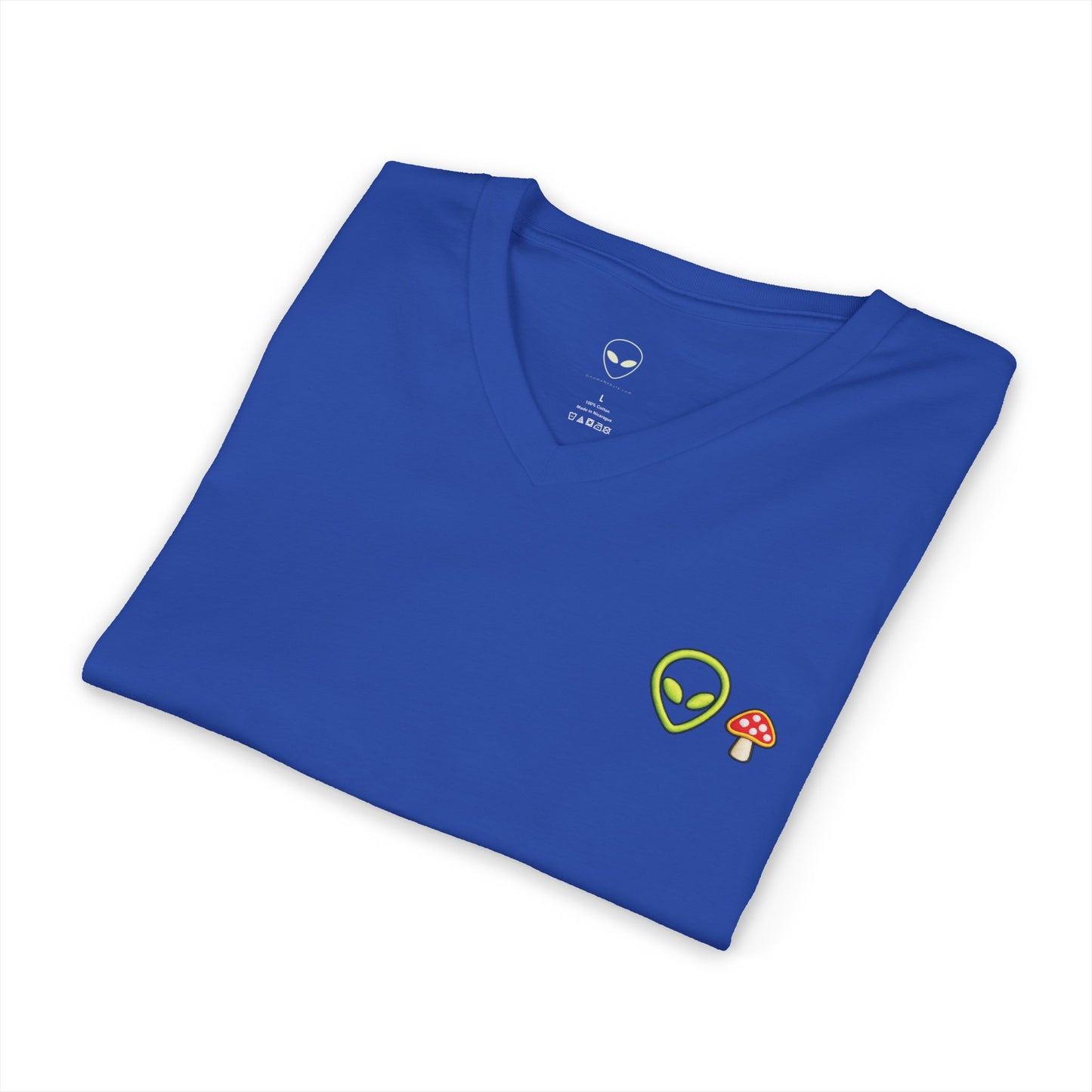 Alien Mushroom V-Neck Tee — Minimal UFO & Mushroom Graphic, Soft Unisex Fit