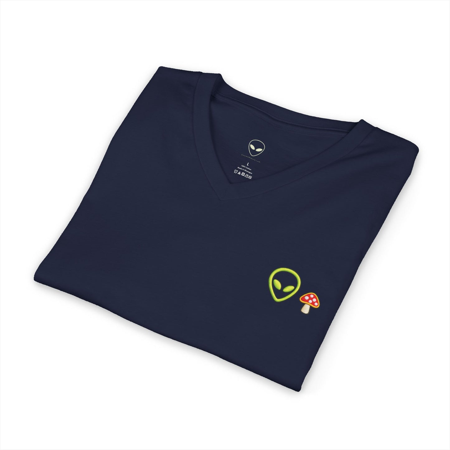 Alien Mushroom V-Neck Tee — Minimal UFO & Mushroom Graphic, Soft Unisex Fit