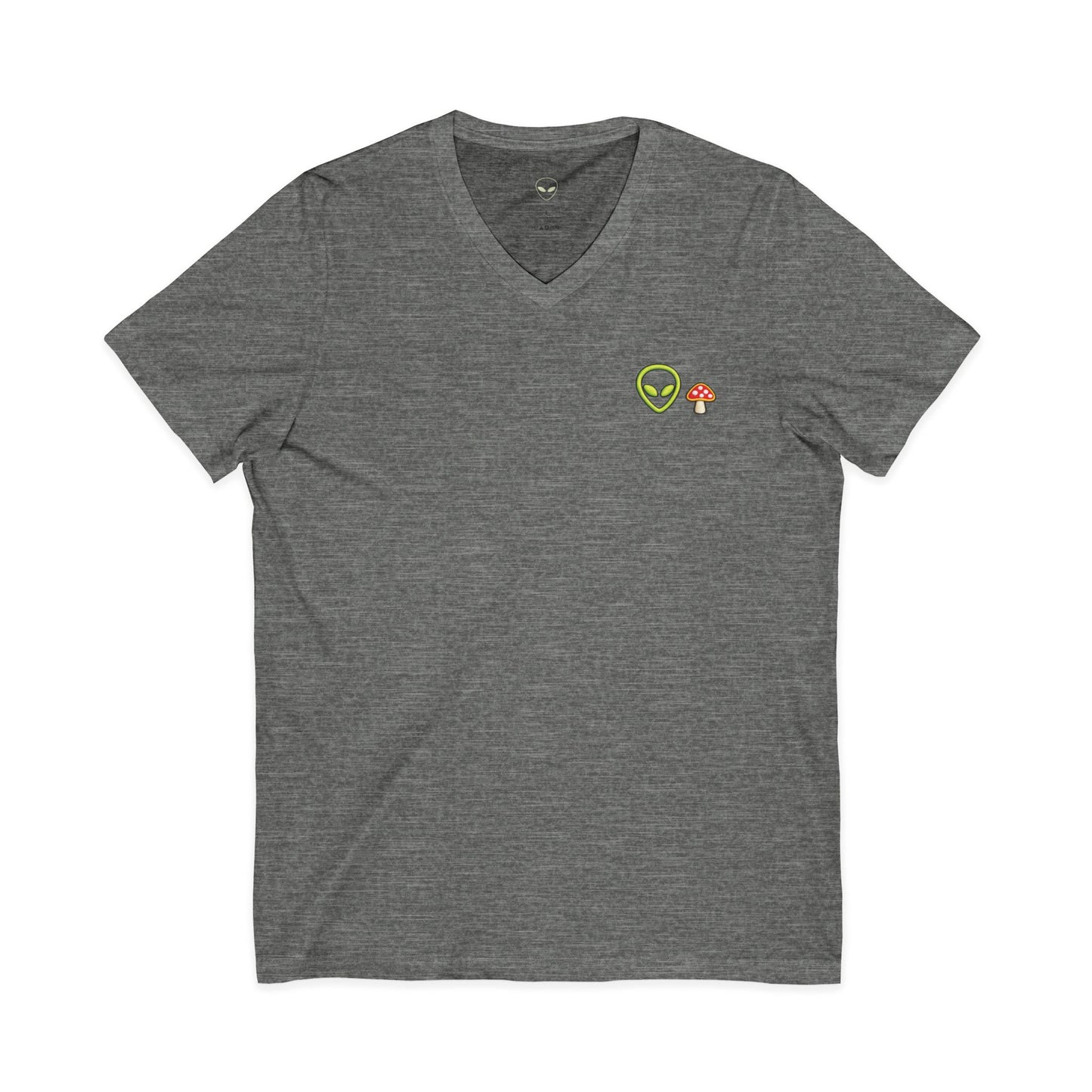Alien Mushroom V-Neck Tee — Minimal UFO & Mushroom Graphic, Soft Unisex Fit