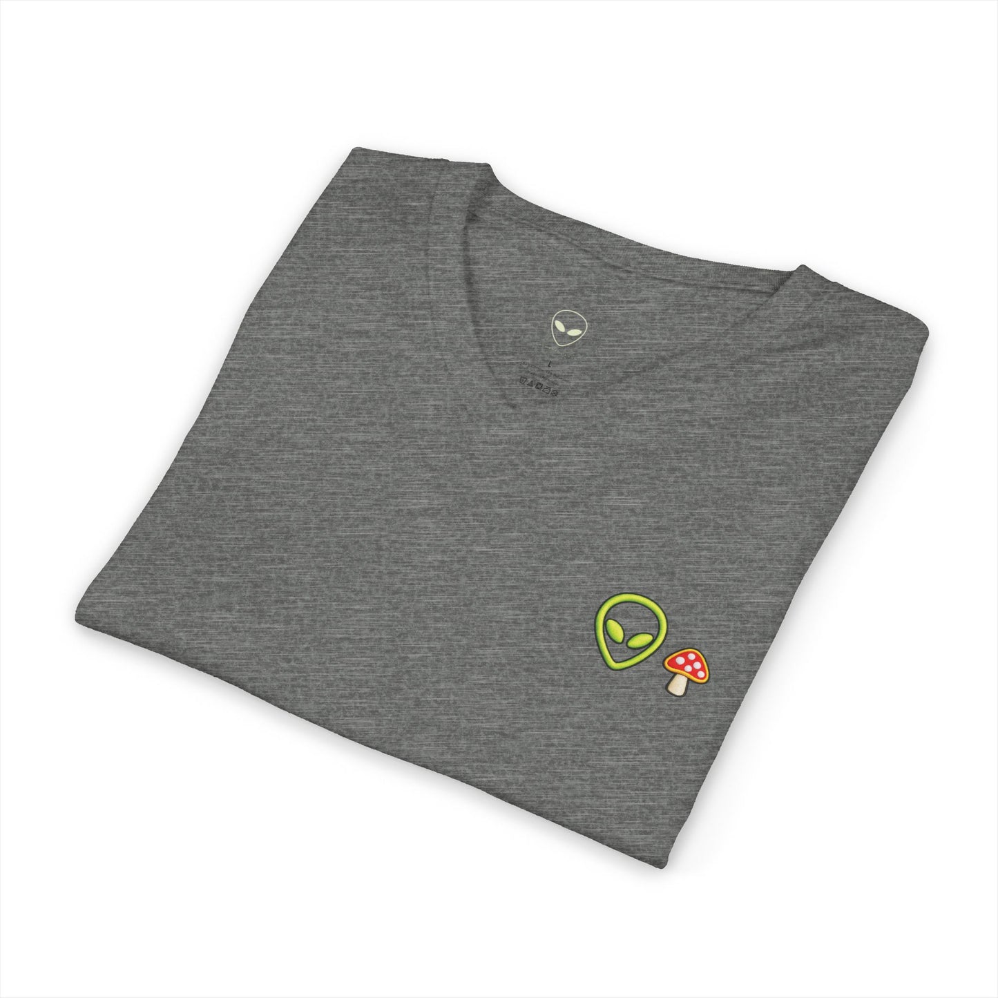 Alien Mushroom V-Neck Tee — Minimal UFO & Mushroom Graphic, Soft Unisex Fit